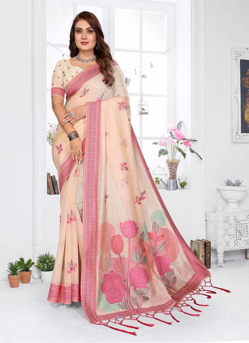 cream jacquard weaving work cotton blend saree