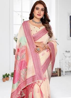 cream jacquard weaving work cotton blend saree 2