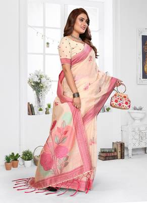 cream jacquard weaving work cotton blend saree 3