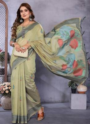 light green jacquard weaving work cotton blend saree 1