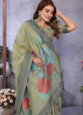 light green jacquard weaving work cotton blend saree 2