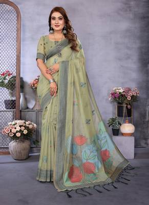 light green jacquard weaving work cotton blend saree 3