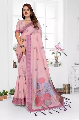 light pink jacquard weaving work cotton blend saree