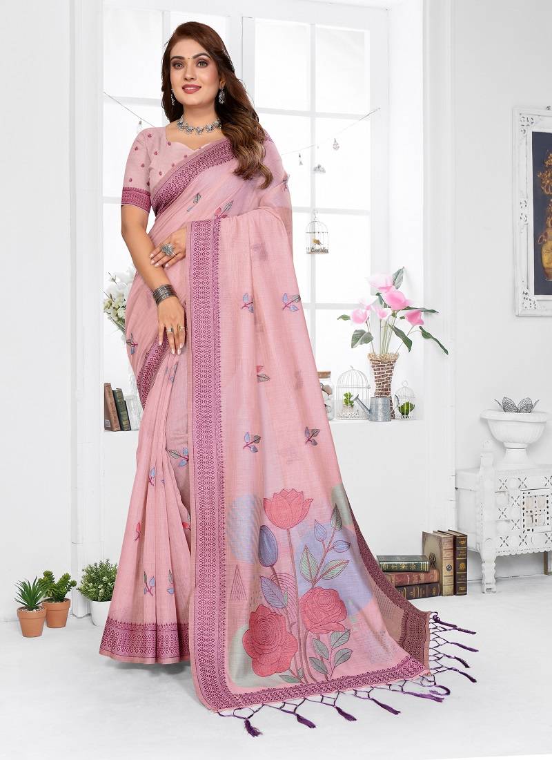 light pink jacquard weaving work cotton blend saree