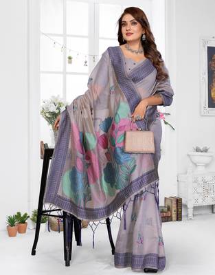 lavender jacquard weaving work cotton blend saree 3
