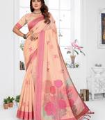 peach jacquard weaving work cotton blend saree
