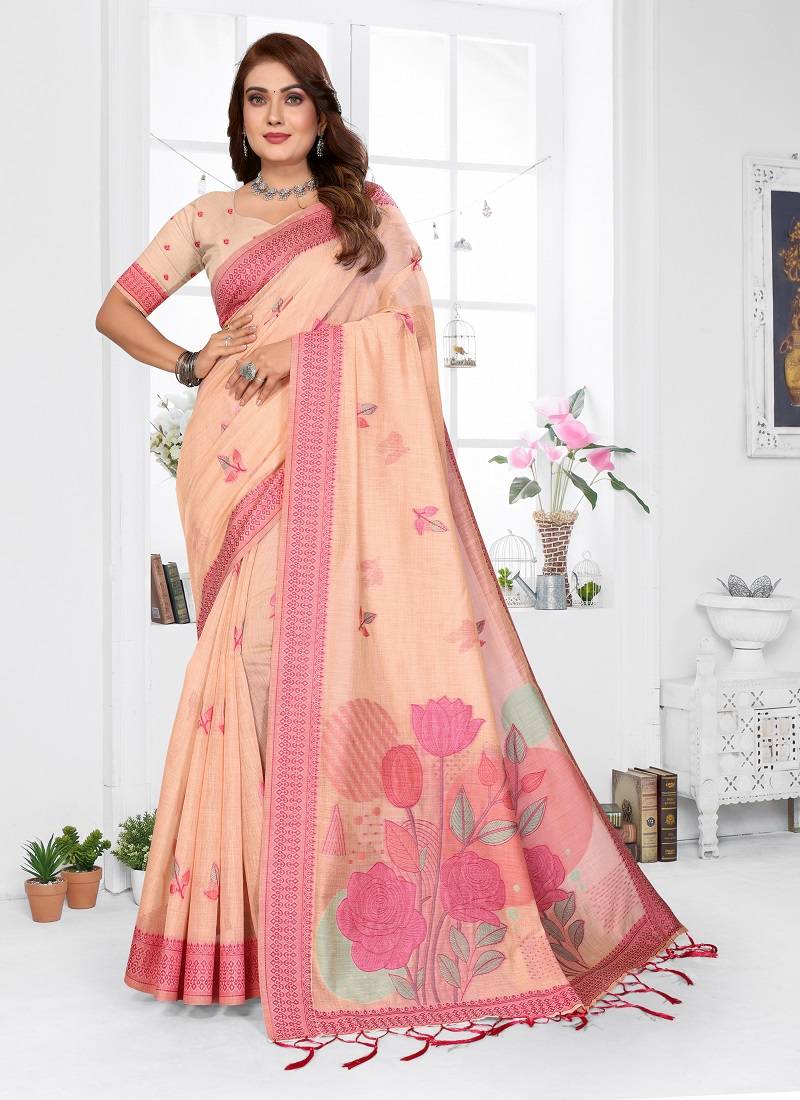 peach jacquard weaving work cotton blend saree
