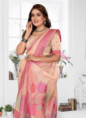 peach jacquard weaving work cotton blend saree 2