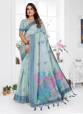 sky blue jacquard weaving work cotton blend saree 1