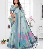 sky blue jacquard weaving work cotton blend saree