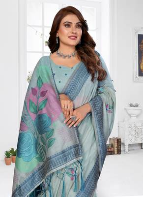 sky blue jacquard weaving work cotton blend saree 2