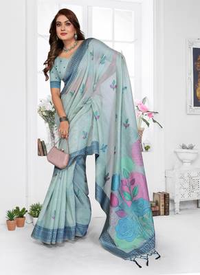 sky blue jacquard weaving work cotton blend saree 3