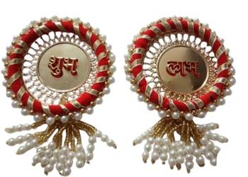 handmade shubh labh floral door hanging decorative with pearl tassels for diwali festival home decoration (pack of 2) 1