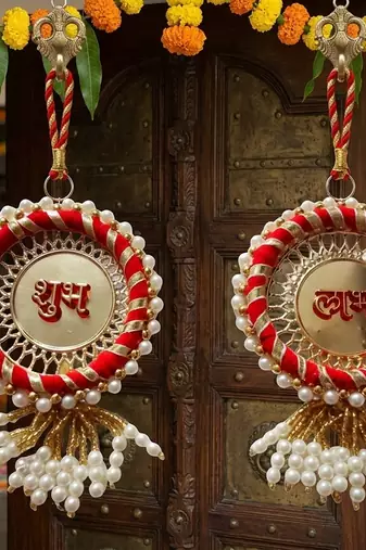handmade shubh labh floral door hanging decorative with pearl tassels for diwali festival home decoration (pack of 2)