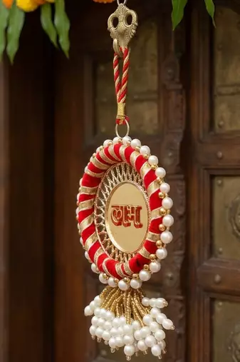 handmade shubh labh floral door hanging decorative with pearl tassels for diwali festival home decoration (pack of 2)