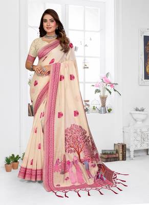 cream jacquard weaving work cotton blend saree 1