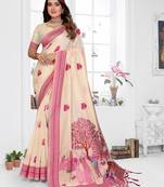 cream jacquard weaving work cotton blend saree