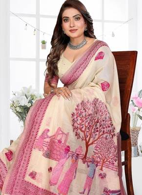 cream jacquard weaving work cotton blend saree 2