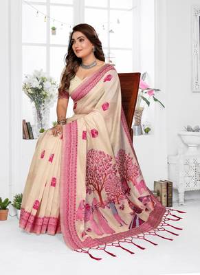 cream jacquard weaving work cotton blend saree 3