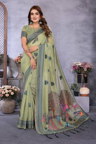 light green jacquard weaving work cotton blend saree