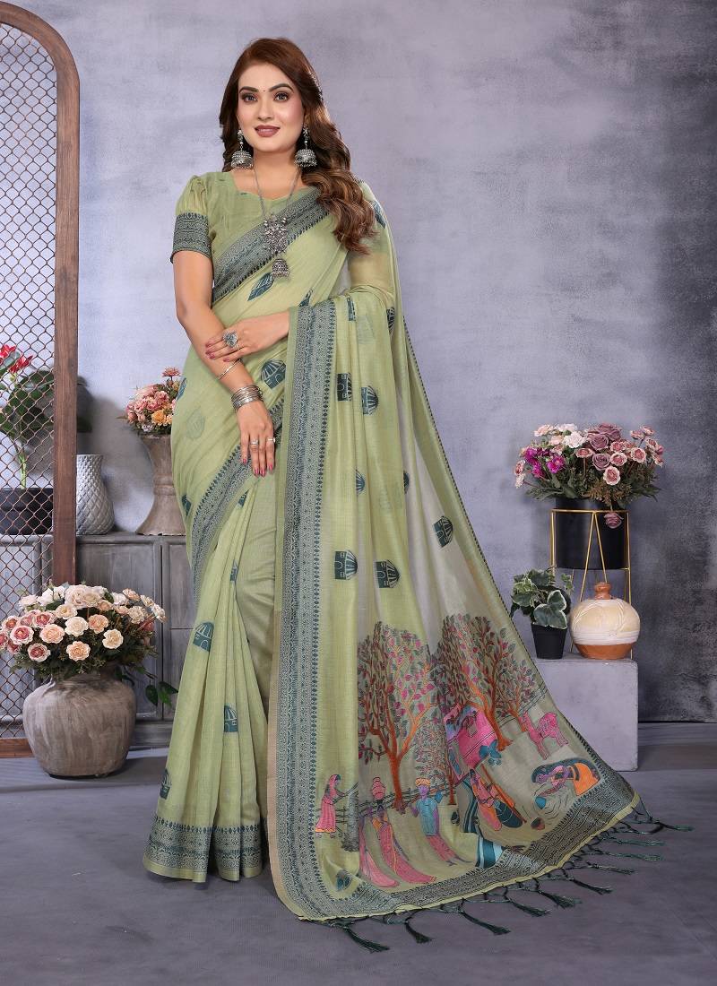 light green jacquard weaving work cotton blend saree