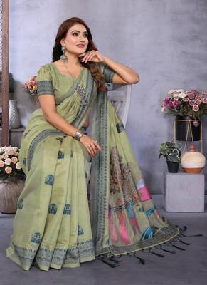light green jacquard weaving work cotton blend saree 2