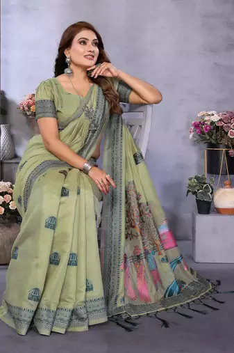 light green jacquard weaving work cotton blend saree