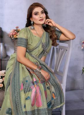 light green jacquard weaving work cotton blend saree 3