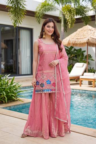 Women's Gorgeous Embroidery Work Fandy Silk Satin Fabric Straight Kurta Sharara and Dupatta Set