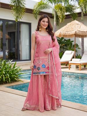 Women's Gorgeous Embroidery Work Fandy Silk Satin Fabric Straight Kurta Sharara and Dupatta Set 1
