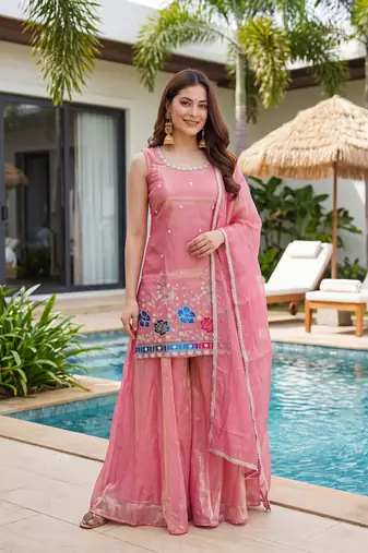 Women's Gorgeous Embroidery Work Fandy Silk Satin Fabric Straight Kurta Sharara and Dupatta Set