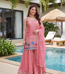 Women's Gorgeous Embroidery Work Fandy Silk Satin Fabric Straight Kurta Sharara and Dupatta Set