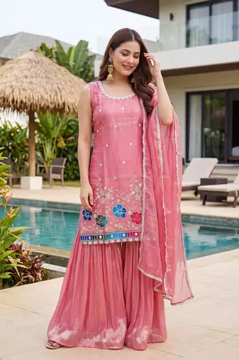 Women's Gorgeous Embroidery Work Fandy Silk Satin Fabric Straight Kurta Sharara and Dupatta Set