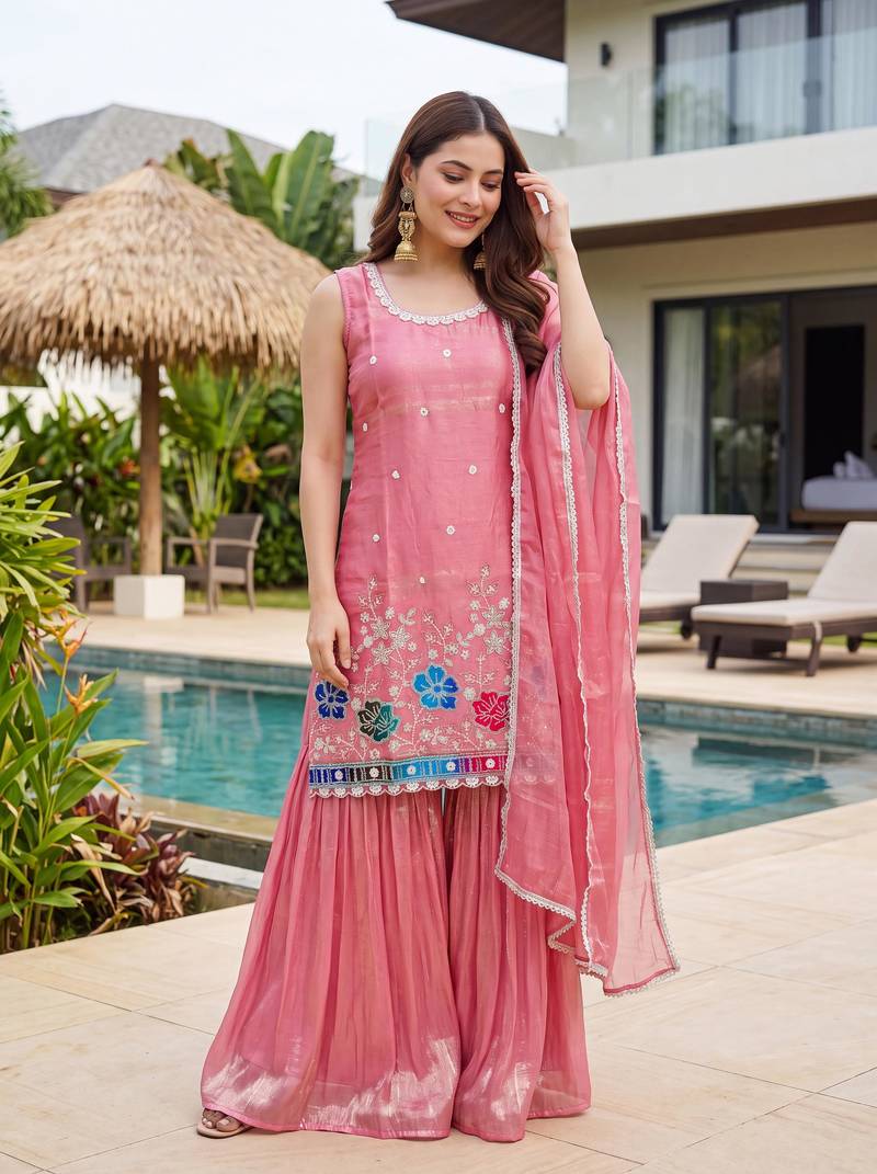 Women's Gorgeous Embroidery Work Fandy Silk Satin Fabric Straight Kurta Sharara and Dupatta Set