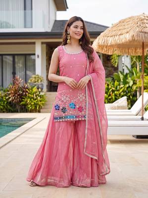 Women's Gorgeous Embroidery Work Fandy Silk Satin Fabric Straight Kurta Sharara and Dupatta Set 4