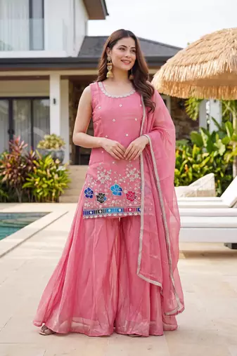 Women's Gorgeous Embroidery Work Fandy Silk Satin Fabric Straight Kurta Sharara and Dupatta Set