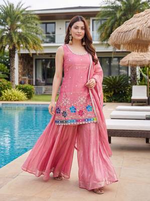Women's Gorgeous Embroidery Work Fandy Silk Satin Fabric Straight Kurta Sharara and Dupatta Set 5