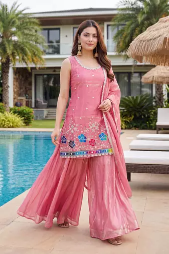 Women's Gorgeous Embroidery Work Fandy Silk Satin Fabric Straight Kurta Sharara and Dupatta Set