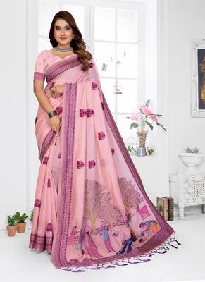 light pink jacquard weaving work cotton blend saree 1