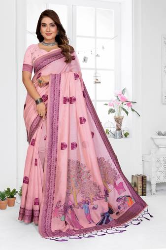 light pink jacquard weaving work cotton blend saree