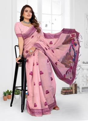 light pink jacquard weaving work cotton blend saree 2