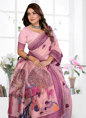 light pink jacquard weaving work cotton blend saree 3
