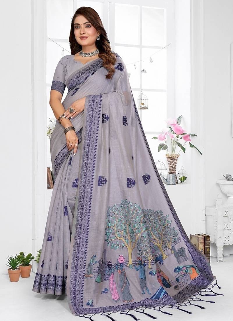 lavender jacquard weaving work cotton blend saree