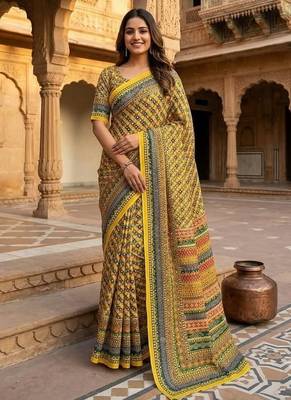 Women   s mustard yellow printed saree with traditional beautiful print and with real mirror work 1
