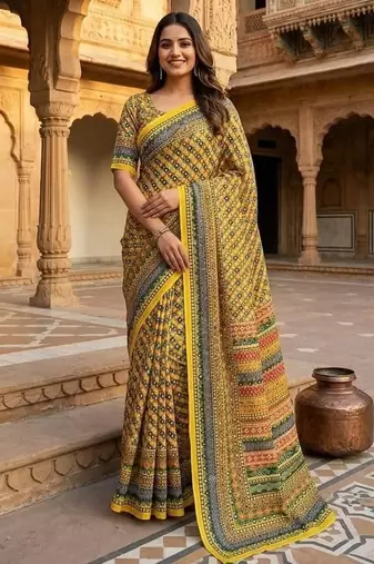 Women   s mustard yellow printed saree with traditional beautiful print and with real mirror work