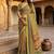Women   s mustard yellow printed saree with traditional beautiful print and with real mirror work