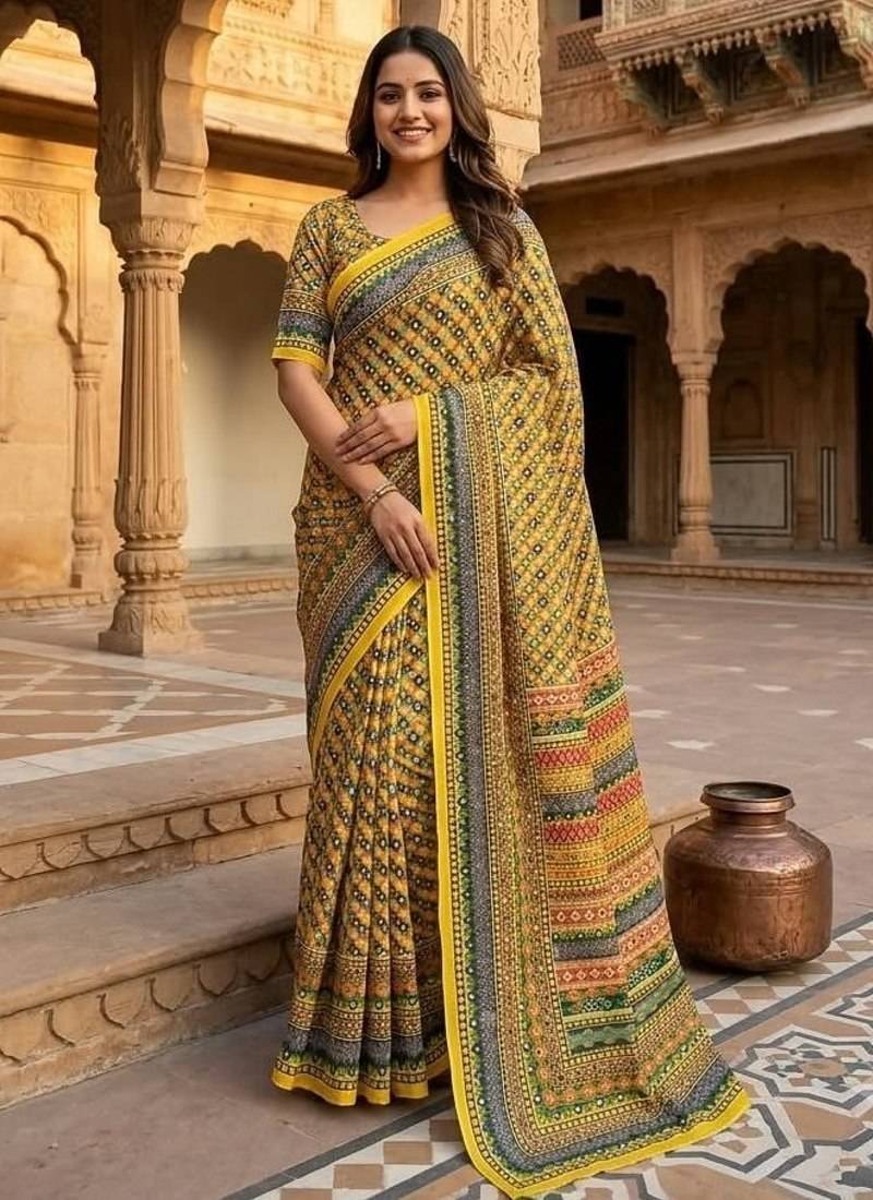 Women   s mustard yellow printed saree with traditional beautiful print and with real mirror work
