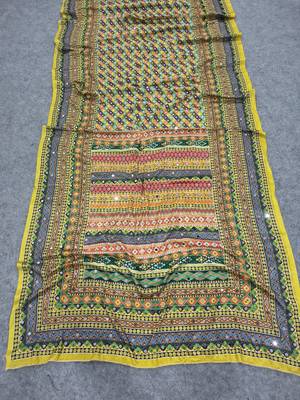 Women   s mustard yellow printed saree with traditional beautiful print and with real mirror work 2
