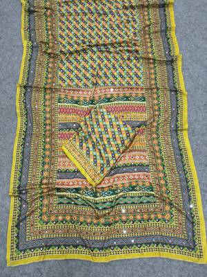 Women   s mustard yellow printed saree with traditional beautiful print and with real mirror work 3