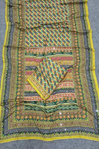 Women   s mustard yellow printed saree with traditional beautiful print and with real mirror work